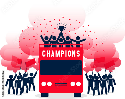 Stick Figures of The Winner Cup Soccer or Football Champions Celebration on the Open Top Buses with Red Smoke Flare.