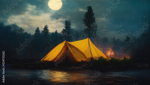 Camping in nature in the forest on the banks of the river, yellow tent, bonfire, moon. Camping, hiking, weekend, tourism. 3D illustration.