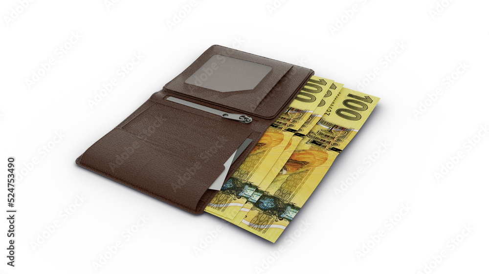 3D rendering of 100 Fijian dollar notes in wallet 3D rendering of 100 Fijian dollar notes in wallet