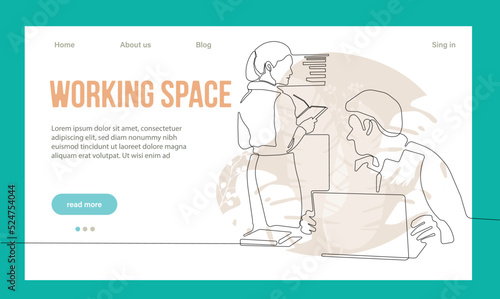 Coworking Space Landing Page Flat Cartoon Template. Freelancers Team Working Online on Laptop. Business People Sharing Open Workspace. Outline Vector Illustration