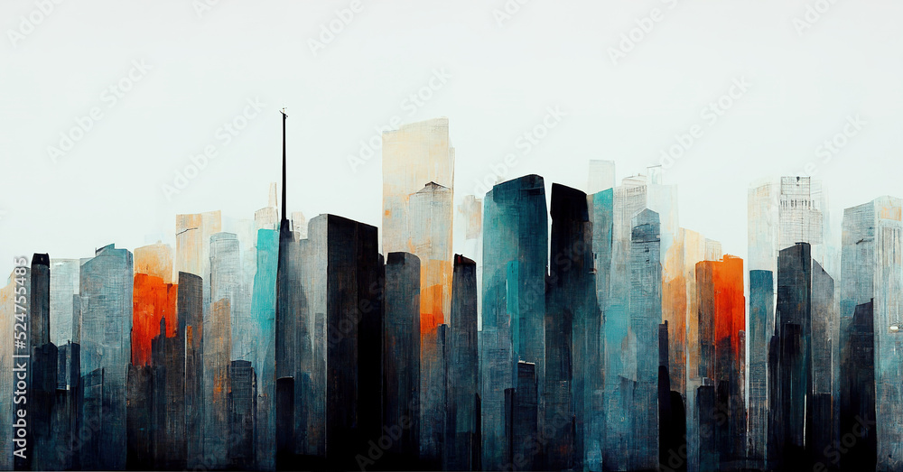 Spectacular watercolor painting of an abstract urban, cityscape, skyscraper scene in orange and teal, grayish smog. Double exposure building. Digital art 3D illustration. - obrazy, fototapety, plakaty 