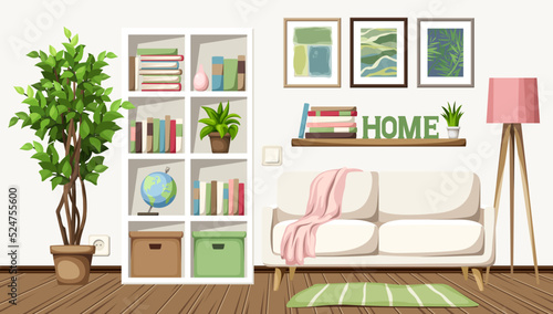 Cozy living room interior with a sofa, shelving, a floor lamp, and a ficus tree in a pot. Cartoon vector illustration