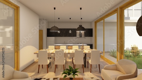 Single family home interior  dining room and kitchen  minimalist