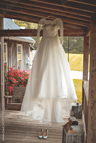 Wedding dress at farmhouse