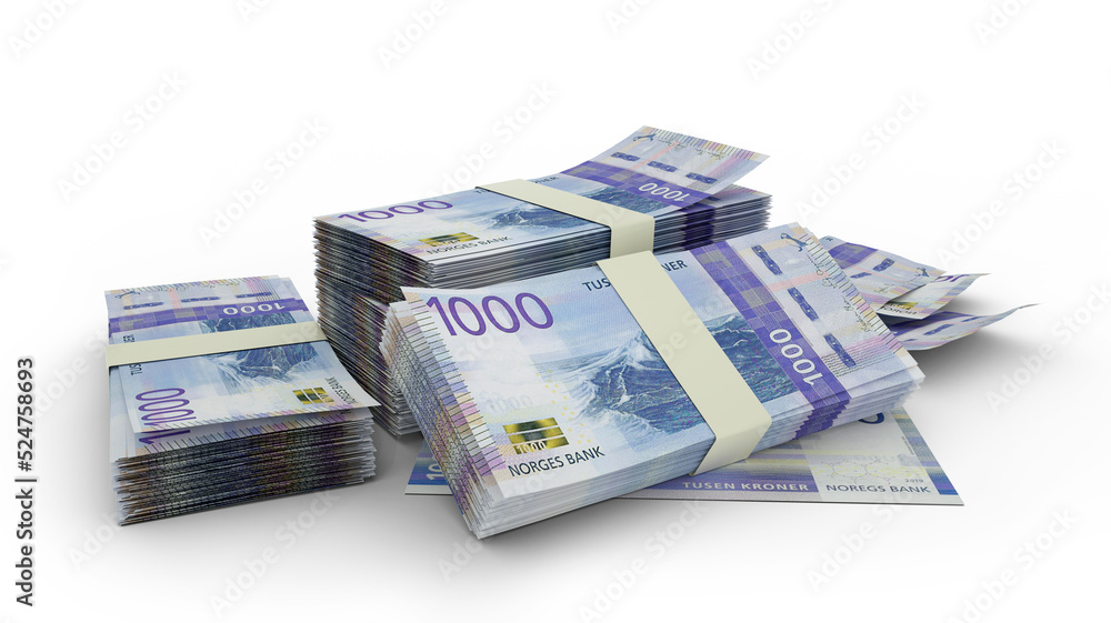 3D Stack of 1000 Norwegian krone notes isolated on white background 3D Stack of 1000 Norwegian krone notes isolated on white background