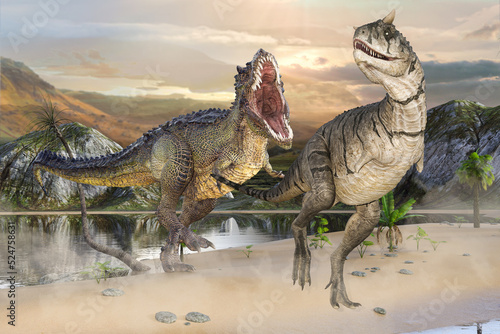 大きな牙を持つ恐竜がカモタウルスの後ろから襲いかかる © iARTS_stock