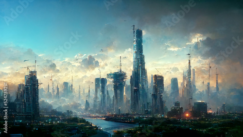Panoramic view of future city skyline. Creative concept illustration of futuristic cityscape: skyscrapers, towers, tall buildings, flying vehicles. Megapolis city panoramic cityscape, sky background