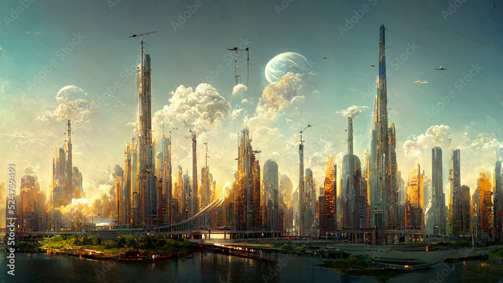 Fototapeta premium Panoramic view of future city skyline. Creative concept illustration of futuristic cityscape: skyscrapers, towers, tall buildings, flying vehicles. Megapolis city panoramic cityscape, sky background