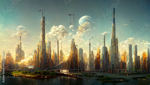 Panoramic view of future city skyline. Creative concept illustration of futuristic cityscape: skyscrapers, towers, tall buildings, flying vehicles. Megapolis city panoramic cityscape, sky background