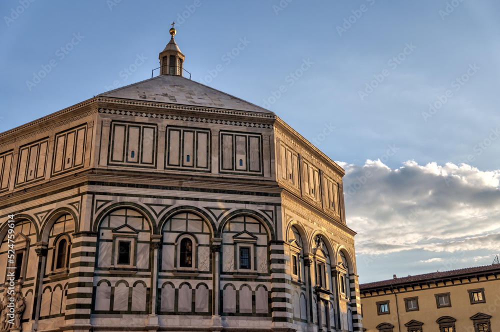 Florence, Italy - July 12, 2022: Architectural details of the Cathedral of Santa Maria del Fiore, Giotto's Tower and St. John's Bapistry in Florence