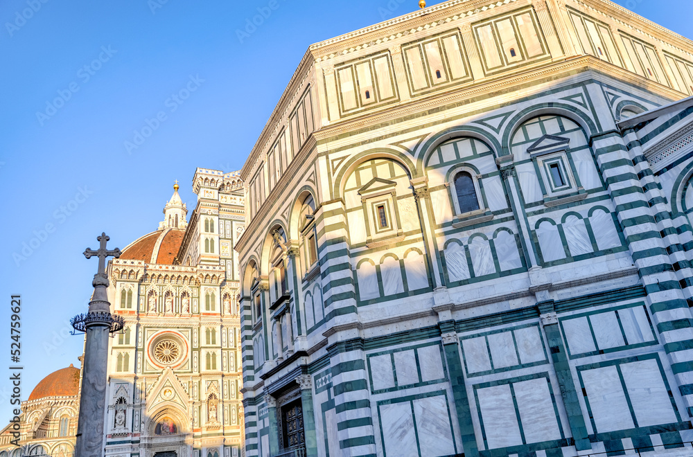 Florence, Italy - July 12, 2022: Architectural details of the Cathedral of Santa Maria del Fiore, Giotto's Tower and St. John's Bapistry in Florence