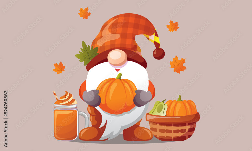 Cute cheerful gnome with pumpkin in cartoon style