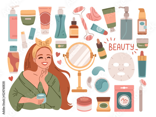 Set with beauty products. Skin, eyes, lips cosmetics flat design vector