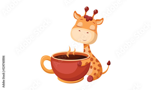 Hand drawn cute giraffe with a cup of coffee. giraffe cartoon