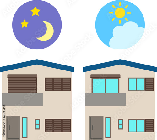 夜間に雨戸を閉めている戸建て住宅
