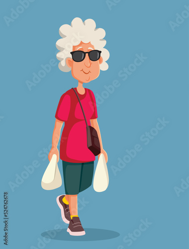 Cool Senior Woman Going Shopping Vector Cartoon illustration. Happy woman holding grocery bags walking outdoors 
