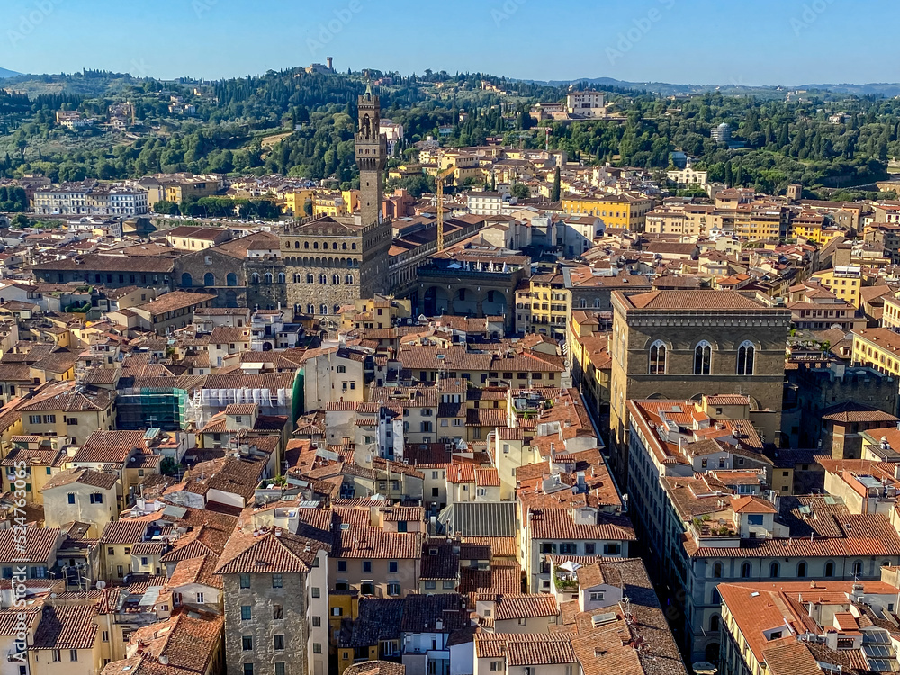 Aerial views of the skyline of Florence Italy seen from Giotto's Tower