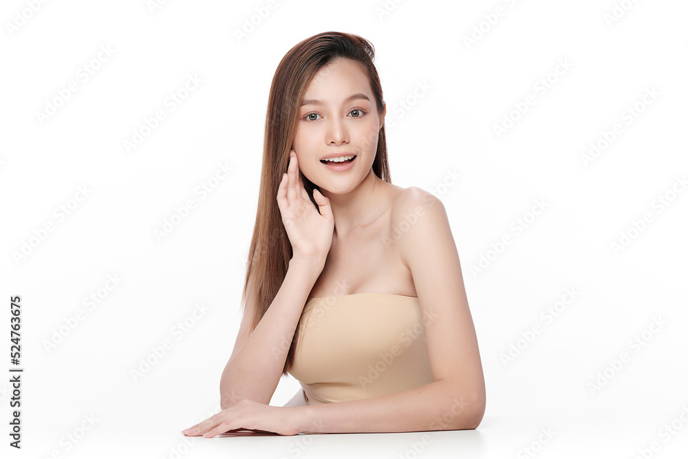 Obraz premium Beautiful young asian woman with clean fresh skin on white background, Face care, Facial treatment, Cosmetology, beauty and spa, Asian women portrait.