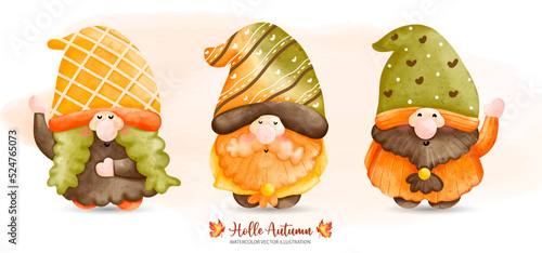 Three Autumn Gnome, Fairy tale Gnome, Autumn or Fall Animal decor, Watercolor illustration..