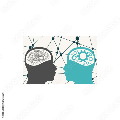 Metaphor bipolar disorder mind mental. Split personality. Concept mood disorder. Two head silhouette. Psychology and mental health. Dual personality concept. Tangle and untangle