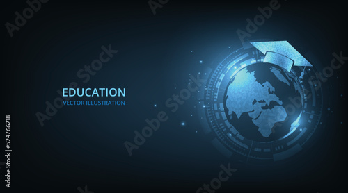 Polygonal graduation cap on globe (E-learning concept).Internet education course degree vector illustration. 