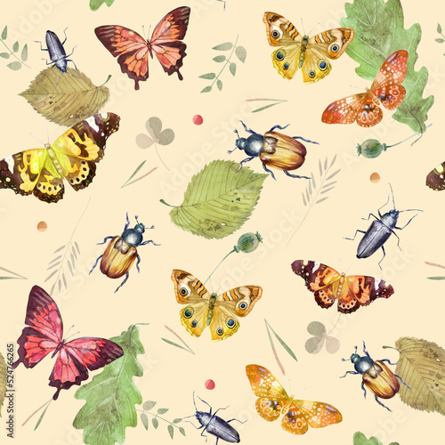 Watercolor illustration. Pattern of butterflies, beetles, leaves, herbs and plant branches. Watercolor freehand drawing of flowers on a beige background. © Margosoleil
