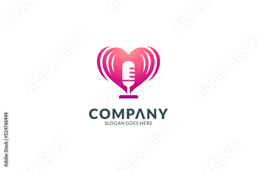 Love podcast logo template. Logo concept of heart with microphone inside