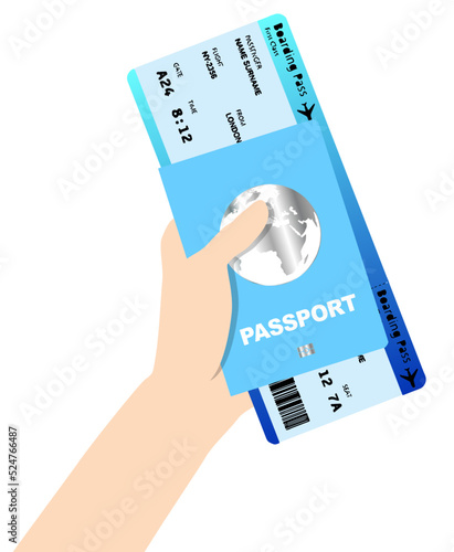 A hand holds a blue passport with the word passport and a silver globe sign with a blue boarding pass inside it, on a transparent background, realistic minimalistic illustration vector