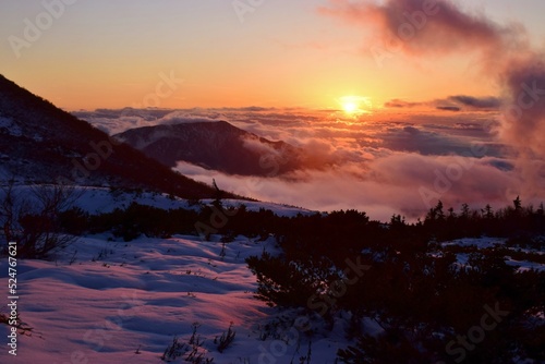 Sunset scenery in Tateyama alpine, Japan photo