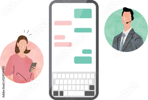 ベクターイラスト素材：スマホでカスタマーサービスとメッセージのやりとりをする女性
