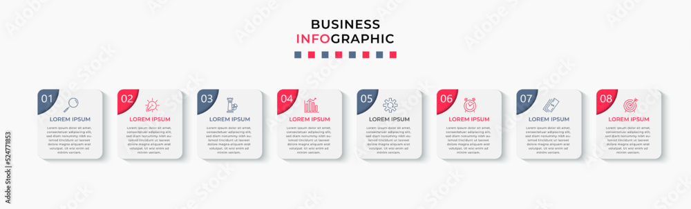 Obraz premium Vector Infographic design business template with icons and 8 options or steps. Can be used for process diagram, presentations, workflow layout, banner, flow chart, info graph