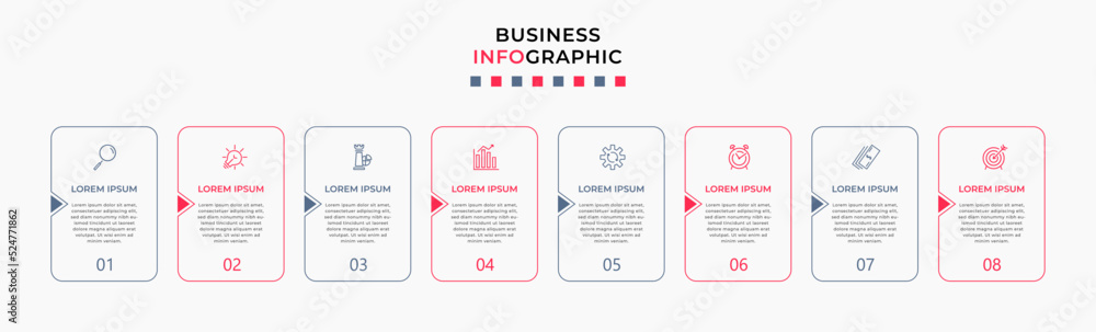Vector Infographic design business template with icons and 8 options or steps. Can be used for process diagram, presentations, workflow layout, banner, flow chart, info graph Vector Infographic design business template with icons and 8 options or steps. Can be used for process diagram, presentations, workflow layout, banner, flow chart, info graph