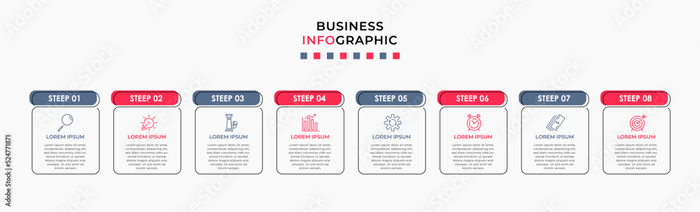 Vector Infographic design business template with icons and 8 options or steps. Can be used for process diagram, presentations, workflow layout, banner, flow chart, info graph Vector Infographic design business template with icons and 8 options or steps. Can be used for process diagram, presentations, workflow layout, banner, flow chart, info graph