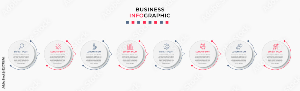 Fototapeta premium Vector Infographic design business template with icons and 8 options or steps. Can be used for process diagram, presentations, workflow layout, banner, flow chart, info graph