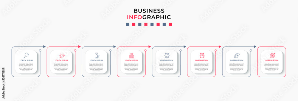 Vector Infographic design business template with icons and 8 options or steps. Can be used for process diagram, presentations, workflow layout, banner, flow chart, info graph Vector Infographic design business template with icons and 8 options or steps. Can be used for process diagram, presentations, workflow layout, banner, flow chart, info graph