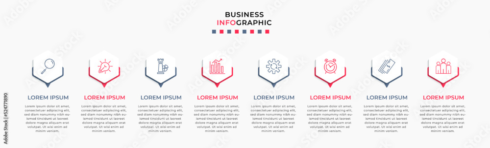 Obraz premium Vector Infographic design business template with icons and 8 options or steps. Can be used for process diagram, presentations, workflow layout, banner, flow chart, info graph