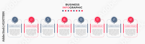 Vector Infographic design business template with icons and 8 options or steps. Can be used for process diagram, presentations, workflow layout, banner, flow chart, info graph
