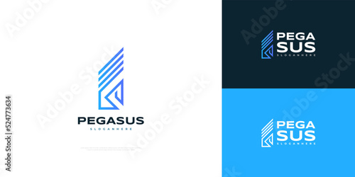 Blue Pegasus Logo Design in Line Style. Abstract Horse Logo Icon