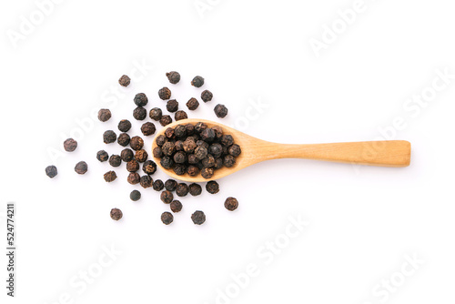 Black pepper corn in wooden spoon isolated on white background , top view , flat lay.