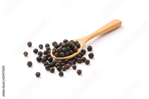 Black pepper corn in wooden spoon isolated on white background.