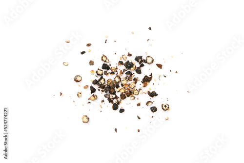 Dry black pepper corn broken isolated on white background , top view , flat lay.