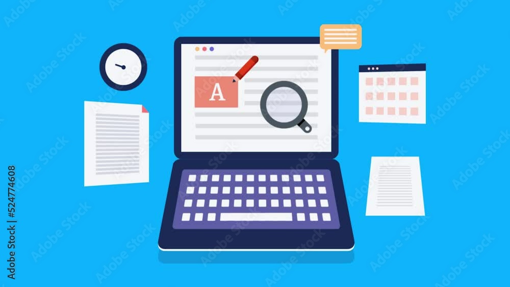2d animation concept of writing on laptop computer, content research and copywriting. 2d animation concept of writing on laptop computer, content research and copywriting.