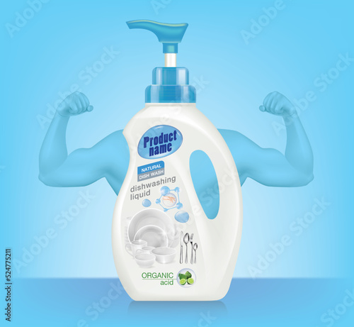 Dishwashing liquid product bottle with strong arm muscles on the blue background