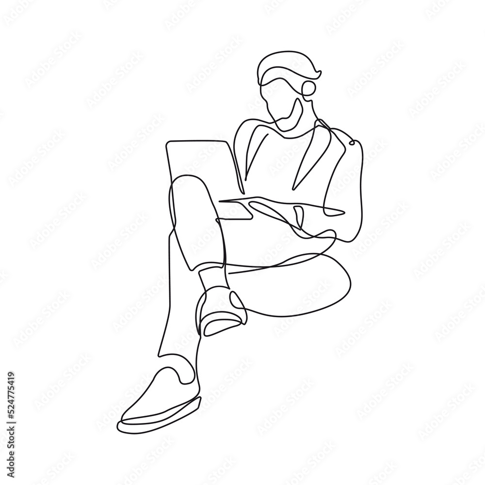 Continuous One Line Drawing of Businessman with Laptop. Man One Line Illustration. Male Line Abstract Portrait. Minimalist Contour Drawing. Vector EPS 10