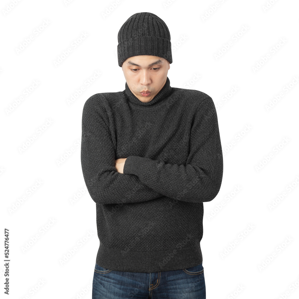 Portrait of Asian man wearing sweater and beanie cutout, Png file. Portrait of Asian man wearing sweater and beanie cutout, Png file.