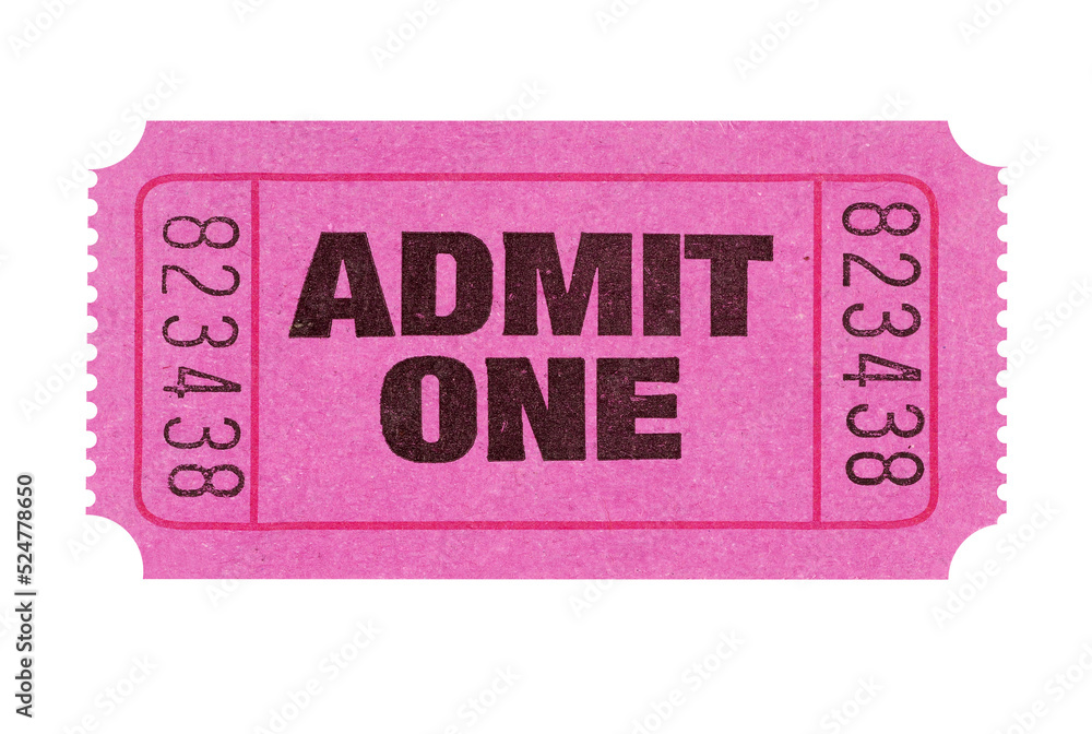 Pink admit one movie ticket single flat isolated transparent background photo PNG file - obrazy, fototapety, plakaty 