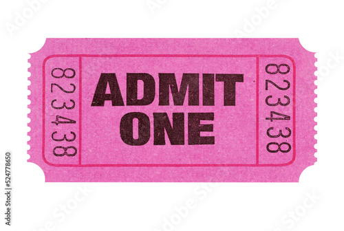 Pink admit one movie ticket single flat isolated transparent background photo PNG file photo