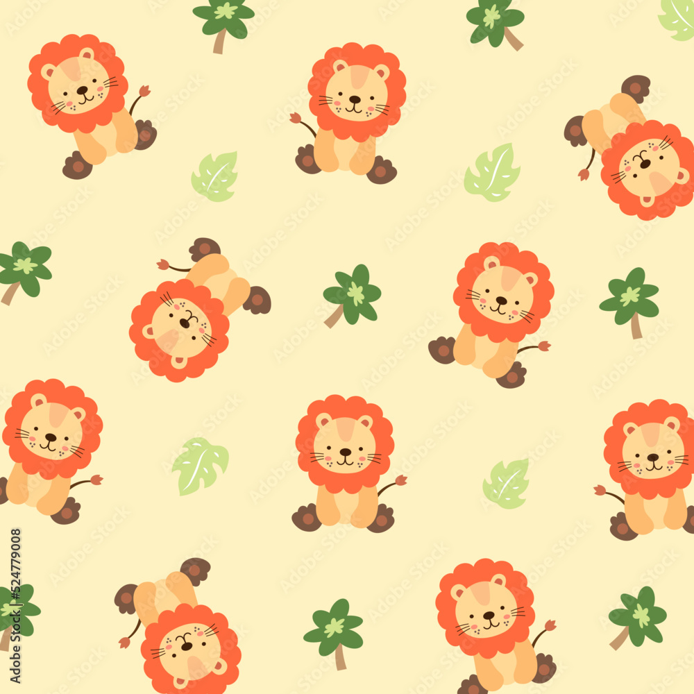 Fototapeta premium Cute lion pattern with tree isolate on yellow background. Creative for print, screen, wallpaper, textile or cover.Vector.Illuatration.
