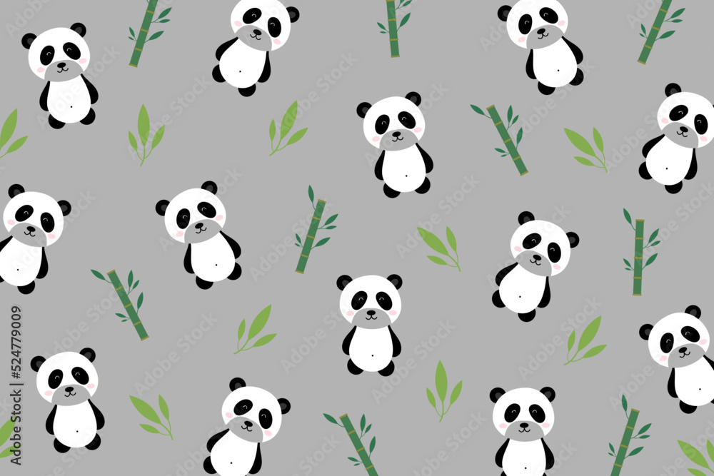 Cute panda pattern with bamboo tree isolate on grey background. Creative for print, screen, wallpaper, textile or cover.Vector.Illuatration.