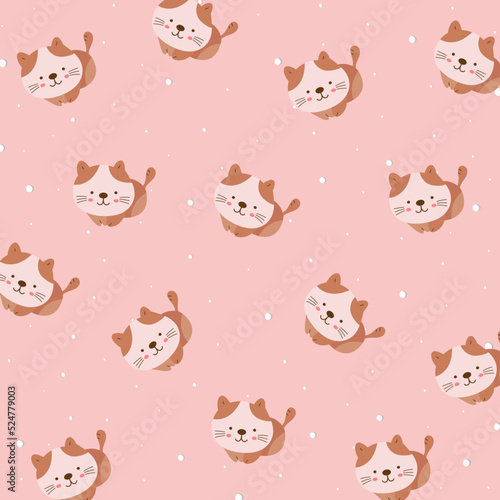 Cute cat pattern with white polka dot isolate on pink background. Creative for print, screen, wallpaper, textile or cover.Vector.Illuatration.